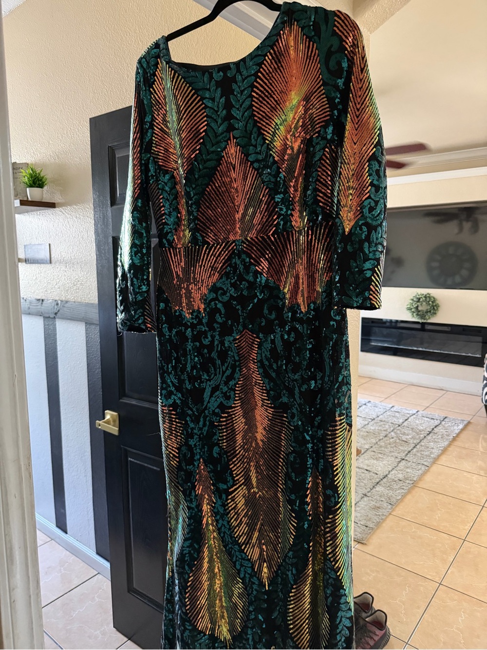 Long Sleeve Teal and Copper Velvet Maxi Dress